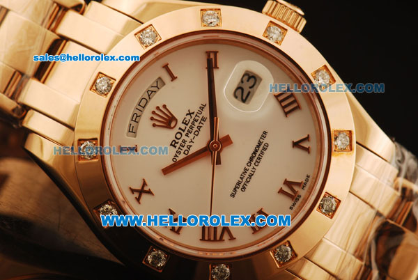 Rolex Day-Date Swiss ETA 2836 Automatic Rose Gold Case with Diamond Bezel and White Dial -Rose Gold Strap - Click Image to Close